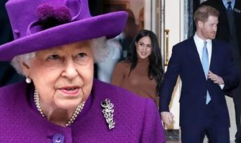 Koningin Elizabeth, Meghan Markle en prins Harry. (Foto: Daily Express)