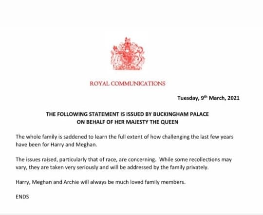 Die koningshuis se verklaring na prins Harry en Meghan Markle se onderhoud met Oprah Winfrey.