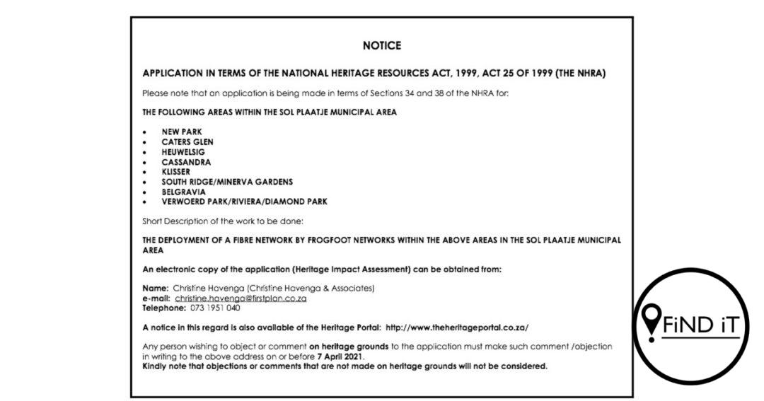 Notice for public participation: Deployment of fibre by Frogfoot in heritage areas