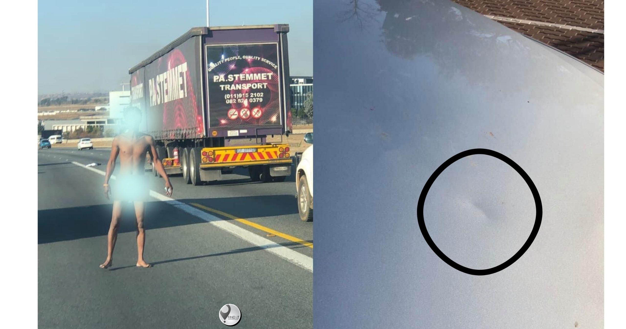 Man hardloop kaal op N1 tydens spitsverkeer