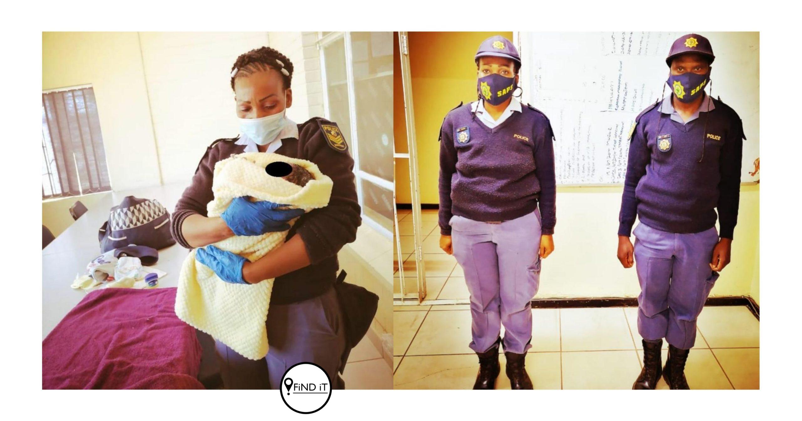 Polisiebeamptes help vrou wat in kraam is