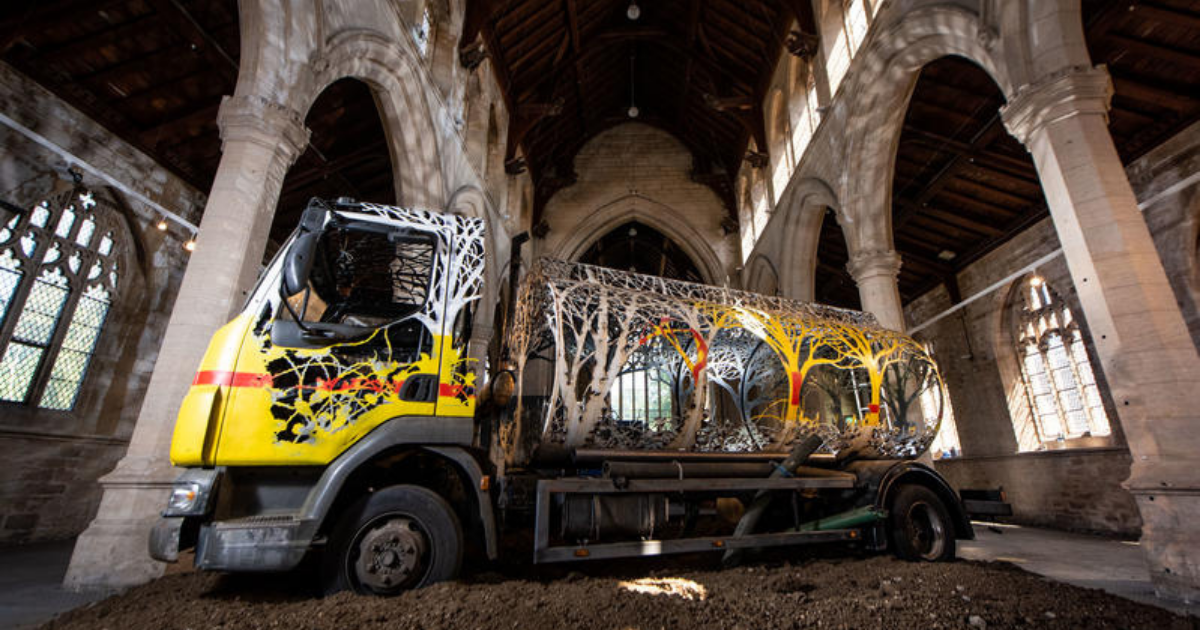 Oil truck turned into green sculpture to show nature 'taking back control'
