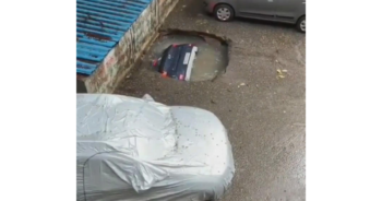 Moment parked SUV swallowed by sinkhole in car park built on old well