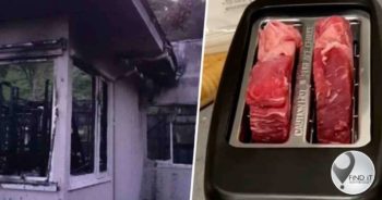 Man brand huis af toe hy steak in broodrooster gaarmaak