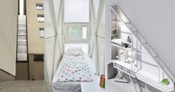 Die wêreld se smalste huis bestaan uit twee vloere met 'n slaapkamer, badkamer, kombuis en 'n leefarea.