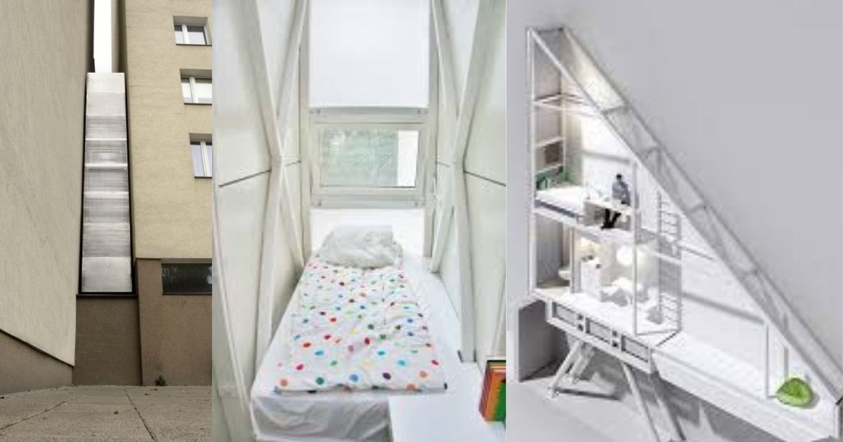 Die wêreld se smalste huis bestaan uit twee vloere met 'n slaapkamer, badkamer, kombuis en 'n leefarea.