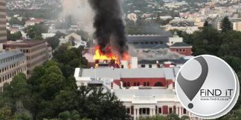 South African parliament building on fire