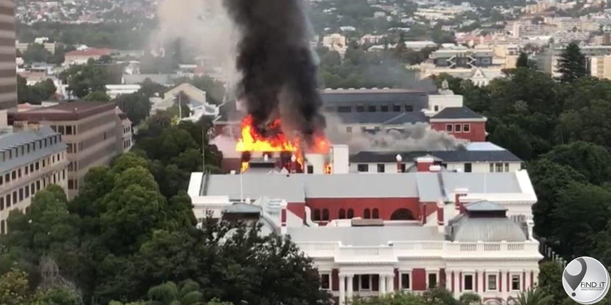 South African parliament building on fire