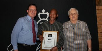 CEO at Beefmaster Group Louw van Reenen (left), Thabo David Molai (middle) and founder of Beefmaster Group Lourie van Reenen, pictured at the Group's Long Service Awards. Molai has been at the company for 30 years.