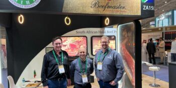 Beefmaster Group CEO, Louw van Reenen (left), Gary Driscoll, exports (middle), and Gert Blignaut, chief operations officer (right), are among the Beefmaster Group representatives at the Saudi International Halal Expo in the Kingdom of Saudi Arabia (KSA).