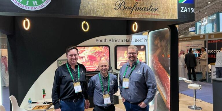 Beefmaster Group CEO, Louw van Reenen (left), Gary Driscoll, exports (middle), and Gert Blignaut, chief operations officer (right), are among the Beefmaster Group representatives at the Saudi International Halal Expo in the Kingdom of Saudi Arabia (KSA).