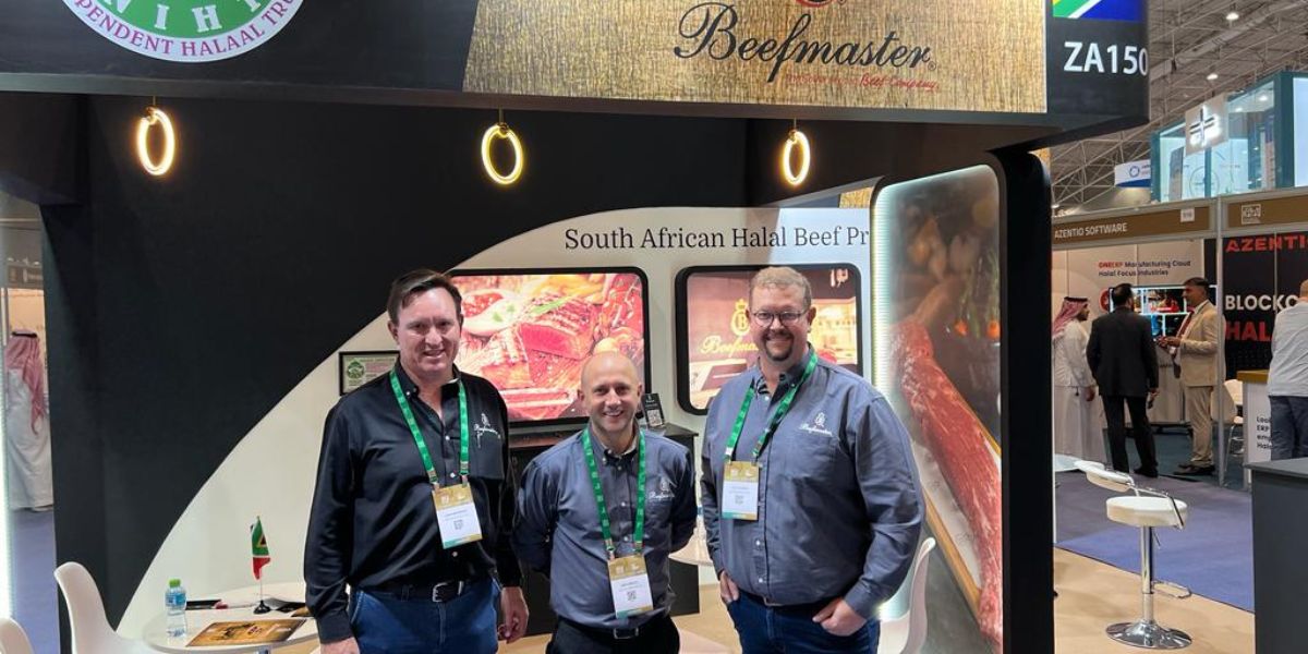 Beefmaster Group CEO, Louw van Reenen (left), Gary Driscoll, exports (middle), and Gert Blignaut, chief operations officer (right), are among the Beefmaster Group representatives at the Saudi International Halal Expo in the Kingdom of Saudi Arabia (KSA).